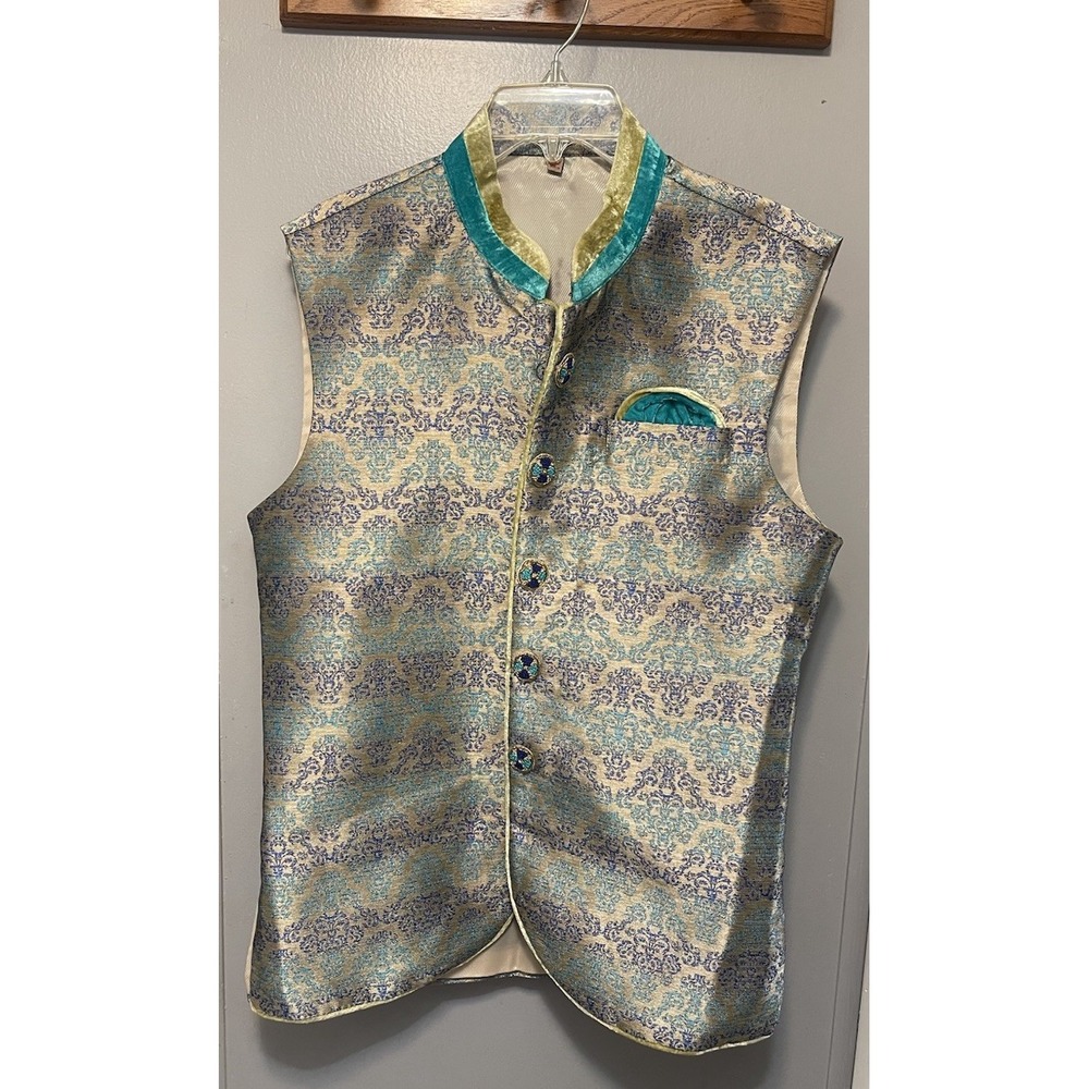 Nehru jacket/vest Men's Xl Teal/Gold Silk Wedding Matching Pocket Square Buttons